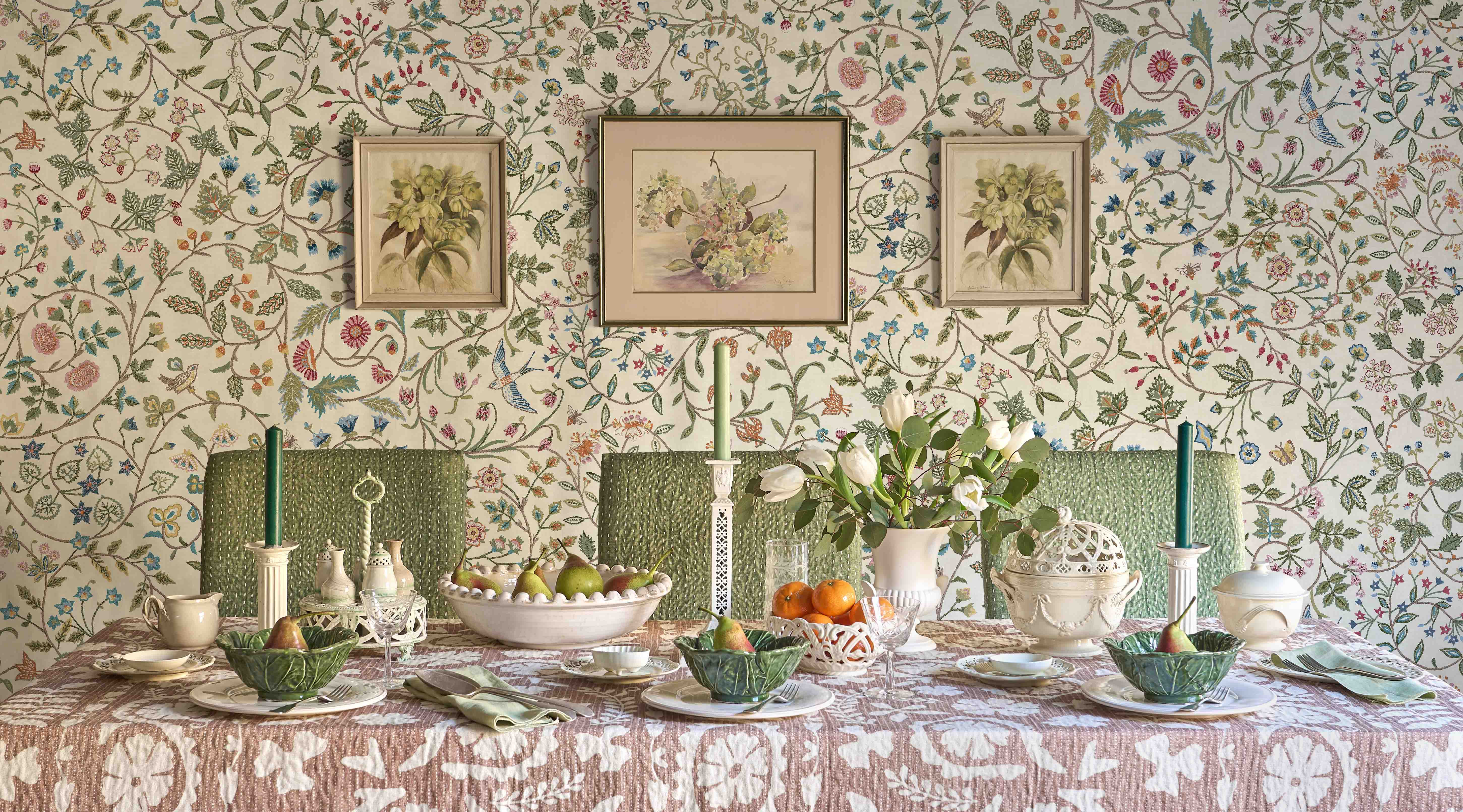 windrush wallpaper in dining room with rosetta tablecloth and wild rice fabric chairs for lewis and wood