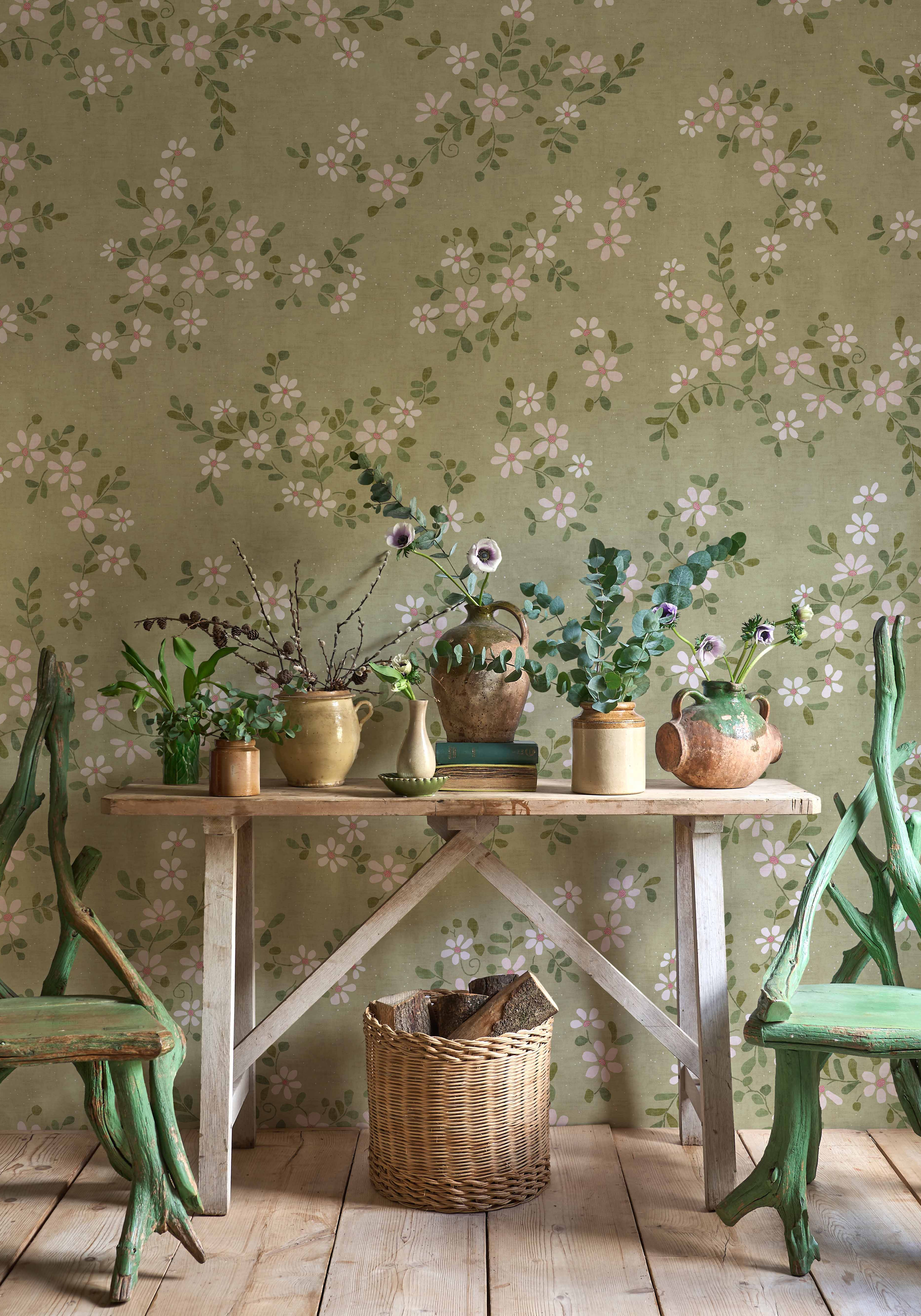 Stellata green coloured wallpaper in room, lewis and wood