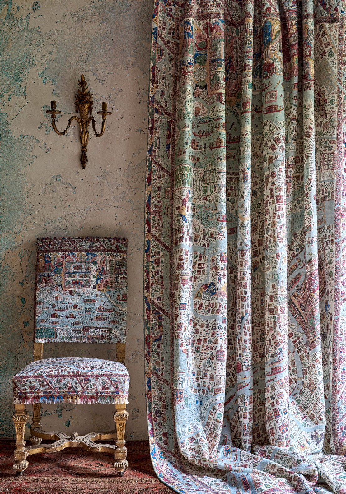 The Map Garland curtain and chair in room, lewis and wood