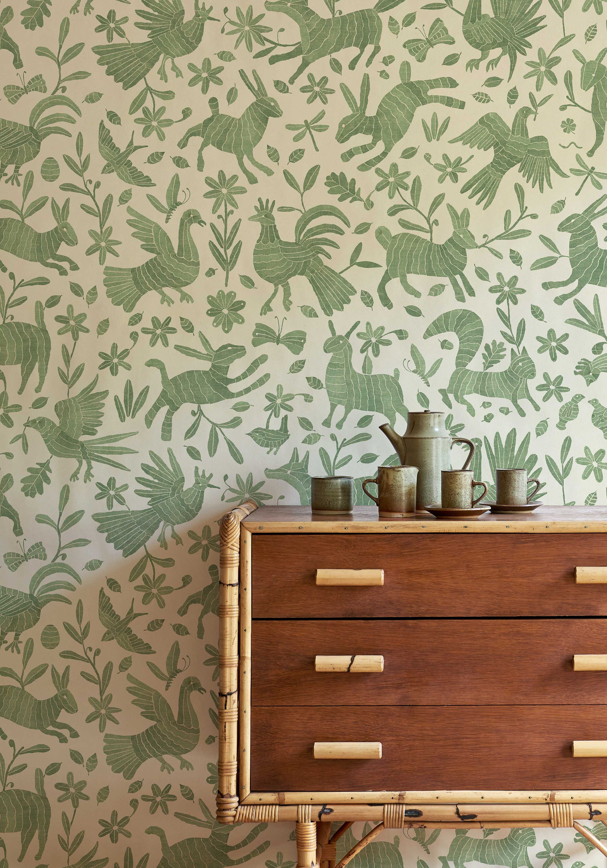 Otomi green wallpaper in living room lewis and wood