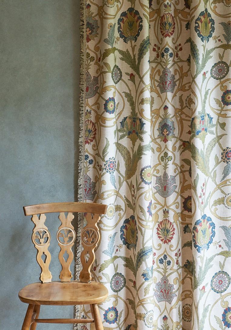 Ipek Damask Pugin curtain in room, lewis and wood