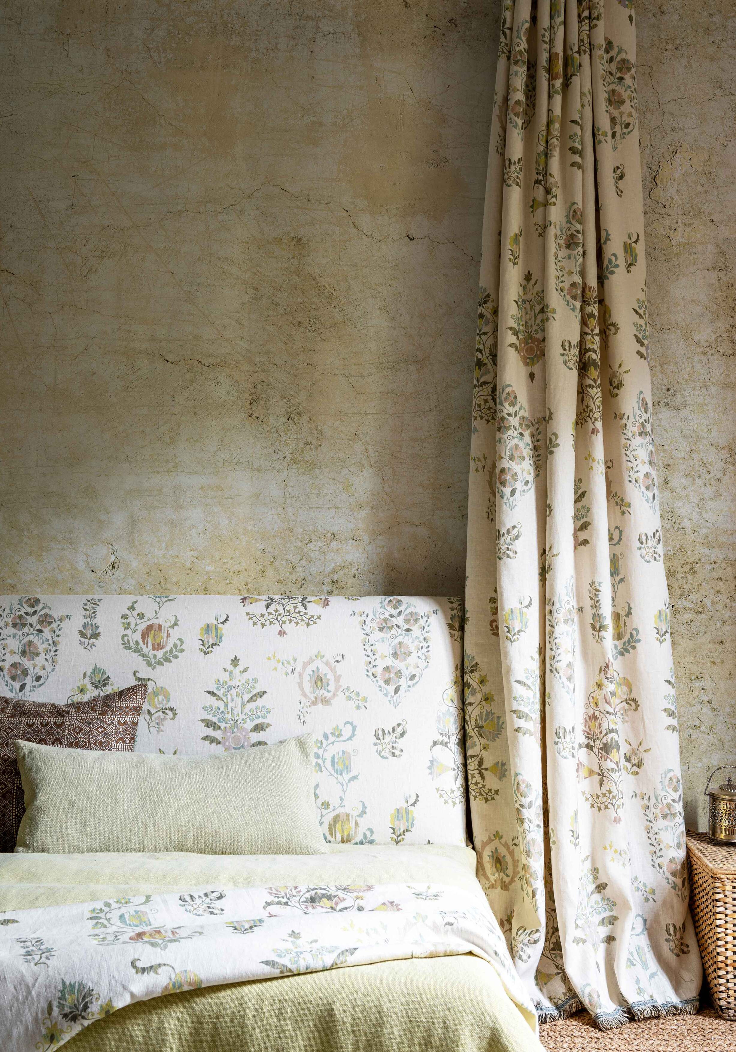 Sicilia Fresco bedhead and curtain in bedroom, lewis and wood