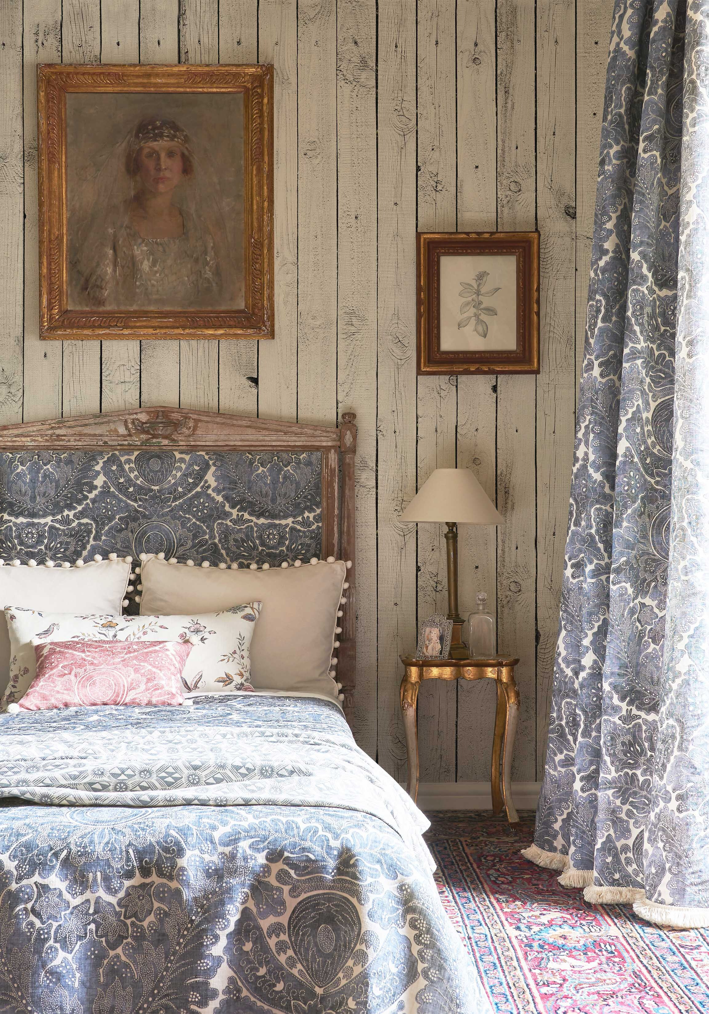 Nantessa curtain and bedhead in bedroom, lewis and wood