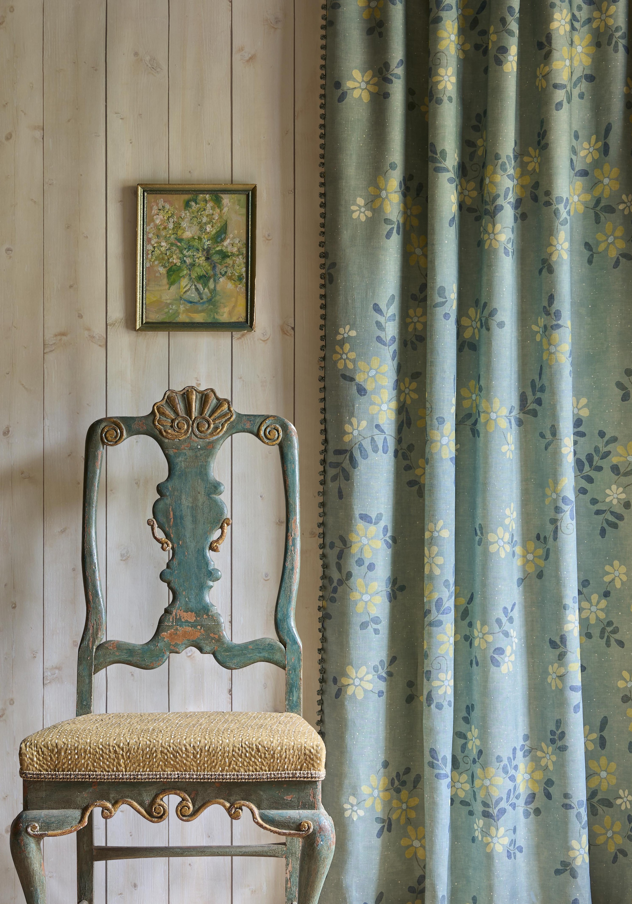 Stellata Shagreen curtain and Wild Rice chair in living room, lewis and wood